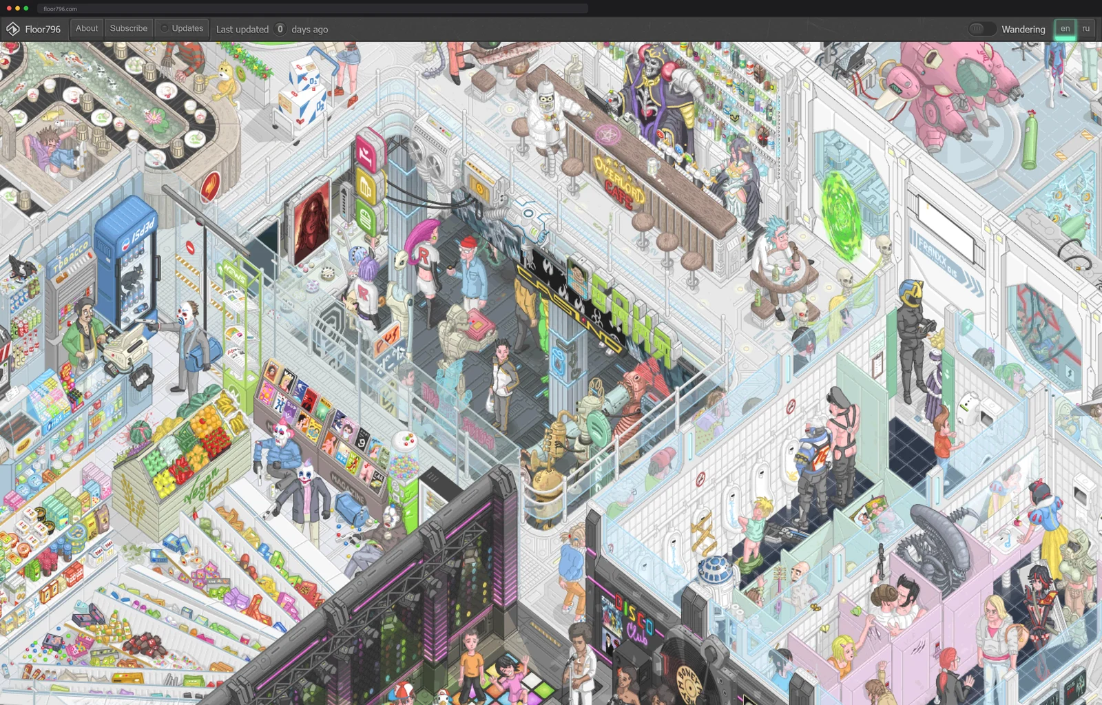 A close zoom on a single animated room full of tiny characters