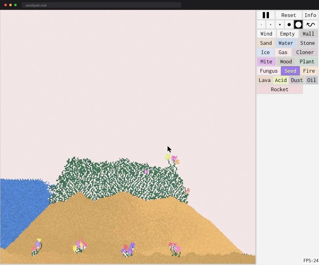 A colorful falling-sand simulation mid-catastrophe on sandspiel.club
